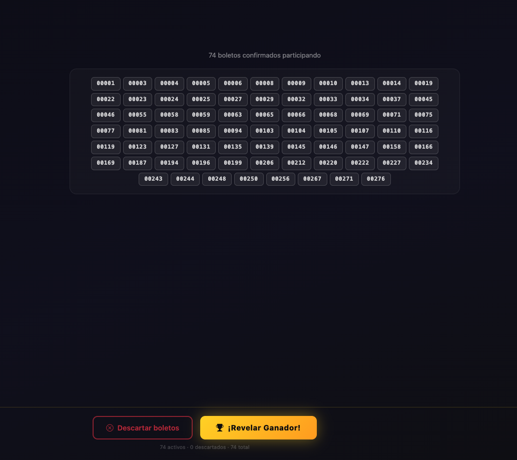 Pantalla de sorteo en vivo con el ganador
