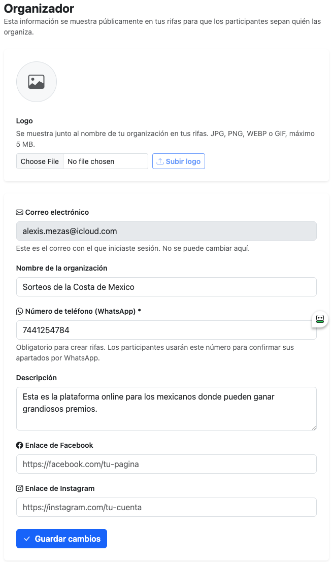 Formulario de perfil de organizador