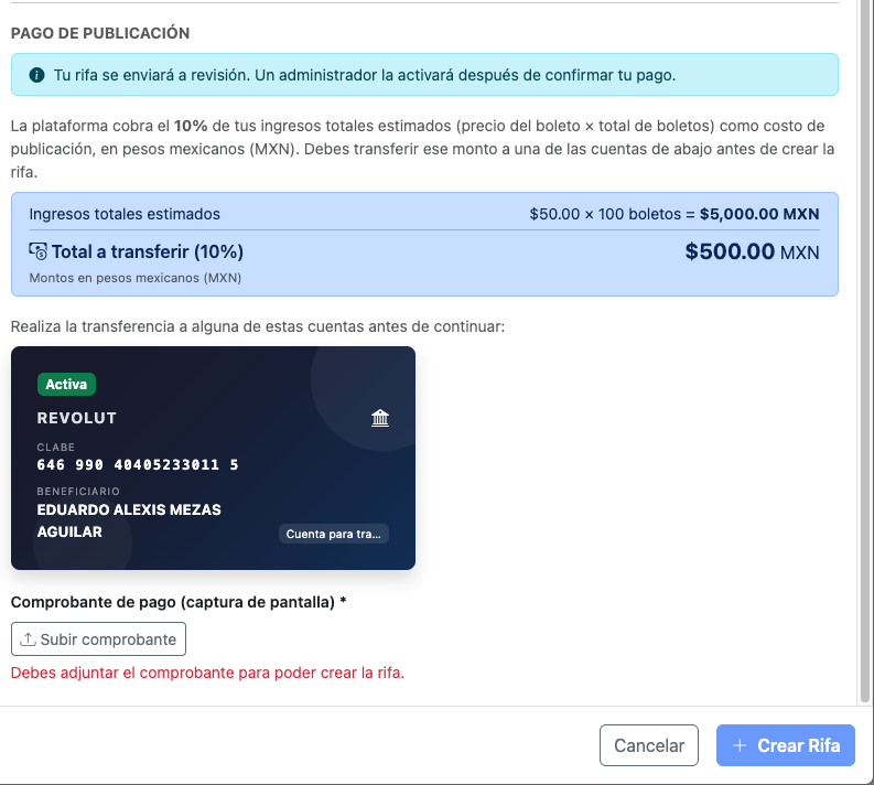 Sección de pago de comisión con comprobante